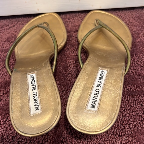 Manolo blahnik gold heels flip flop heels leather y2k 2000 vintage Gold Paterno - Picture 5 of 7